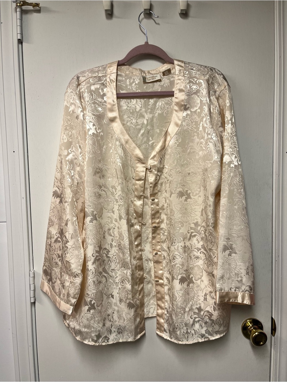 Vintage Victoria’s Secret Satin Pajama Set L Ivory Floral Jacquard Lounge